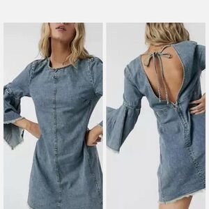 Free People Blue Backless Dress with Bell Sleeves